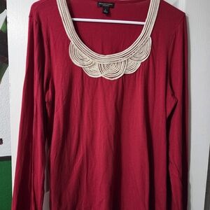 Dana Buchman Red Long Sleeve Top with Beaded Neckline